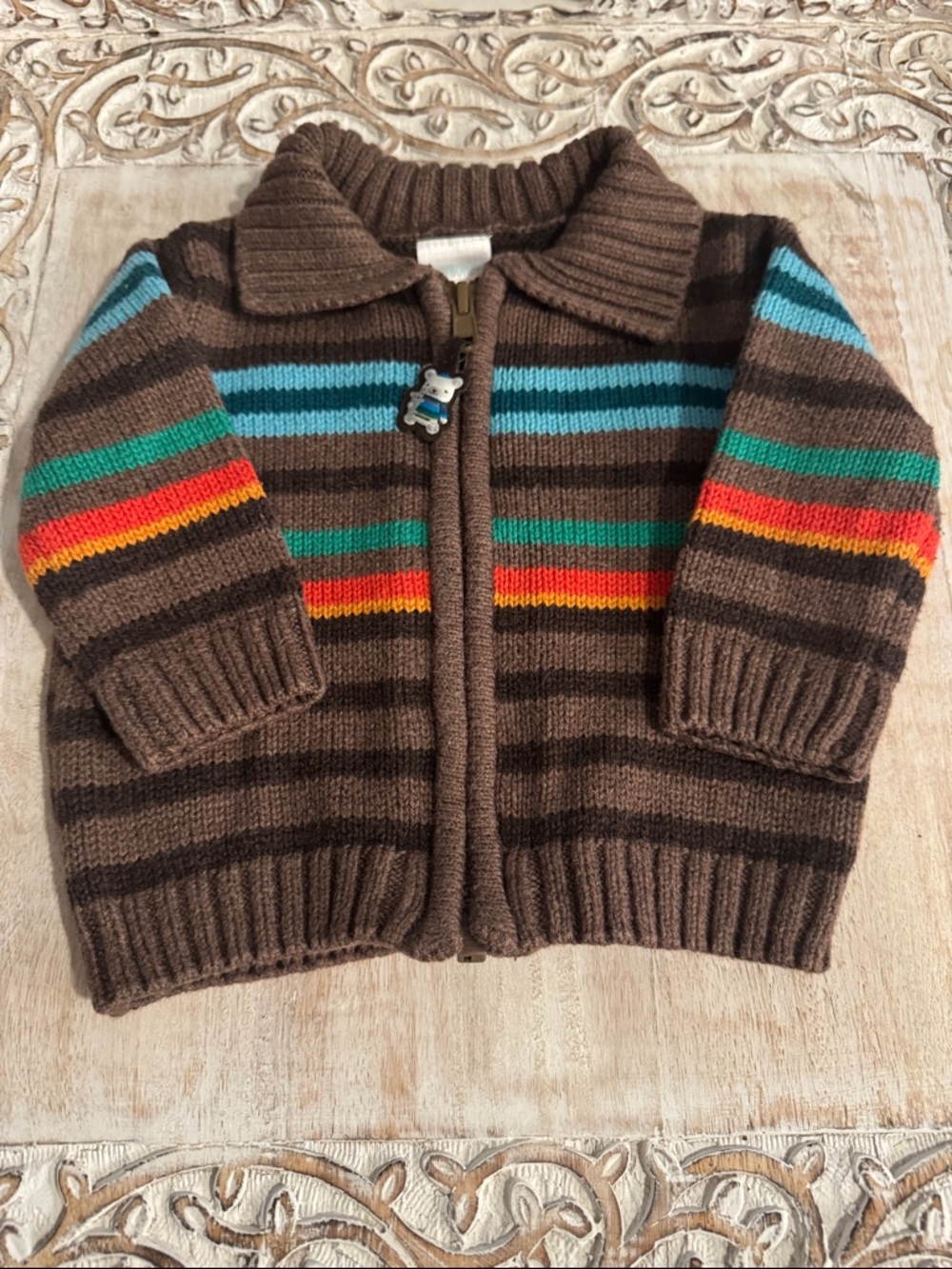 Gymboree Brown Zip-Up Sweater with Bright Stripe Accents